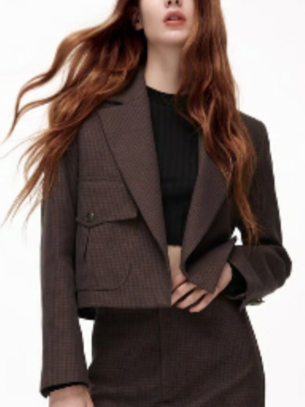 ZARA Plaid Gingham Cropped Blazer Brown Small